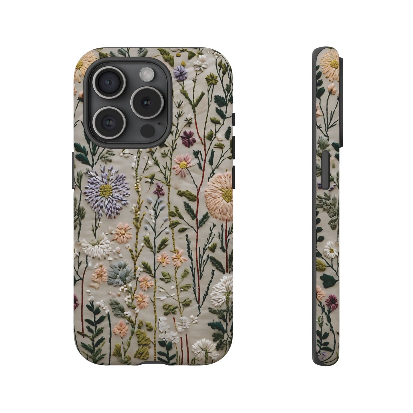 Intricate Embroidery Artwork Featuring Botanical Elements On Beige phone case design.
