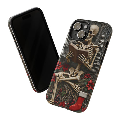 Surreal Relief Sculpture of Skeleton Reading Amidst Festive Decor phone case design