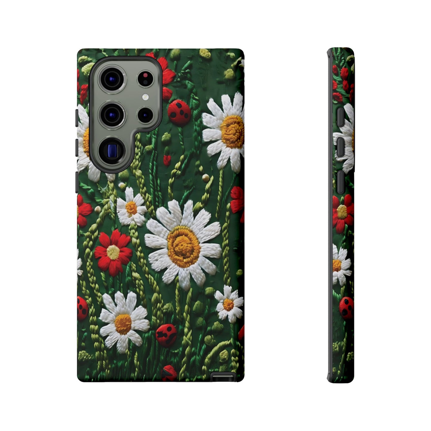 Intricate Embroidered Fabric Featuring Daisies And Ladybugs phone case design