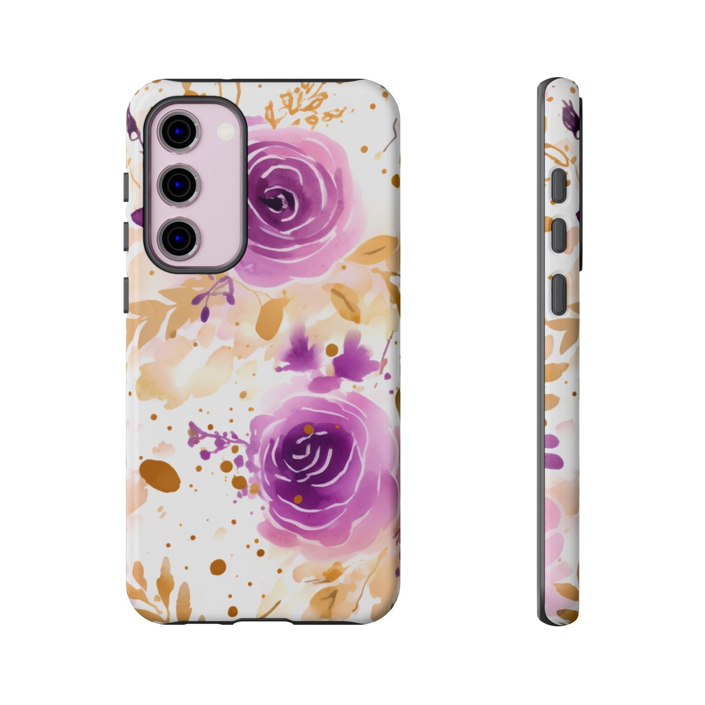 Purple Bloom Watercolor Mobile Case – Artistic Elegance in Gold & Lilac
