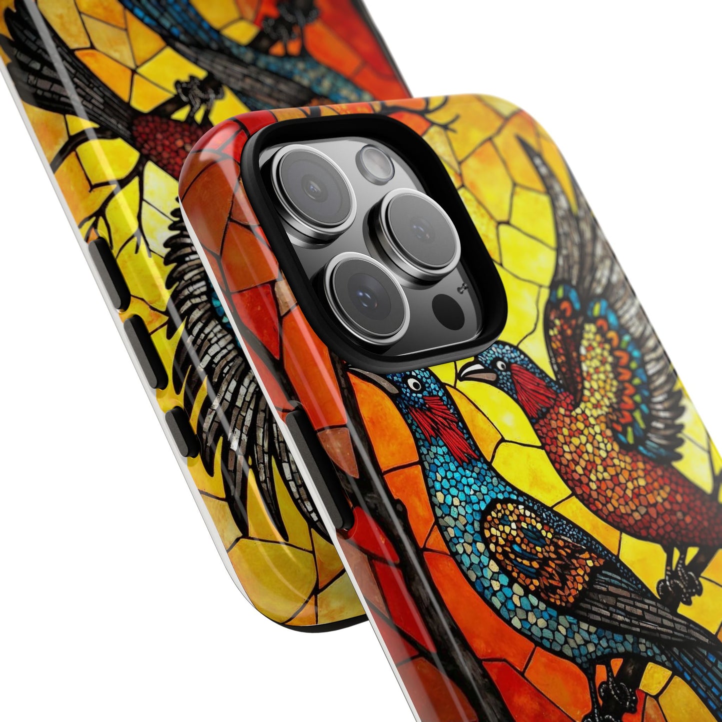 Vibrant Hummingbirds with Stained Glass Charm
