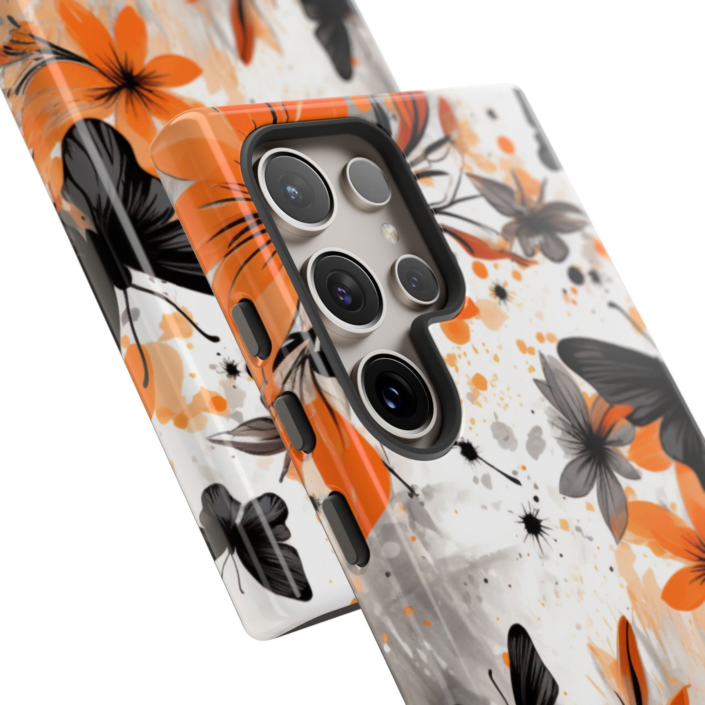 Bold Butterfly & Floral Splash Mobile Cover – Black & Orange Aesthetic
