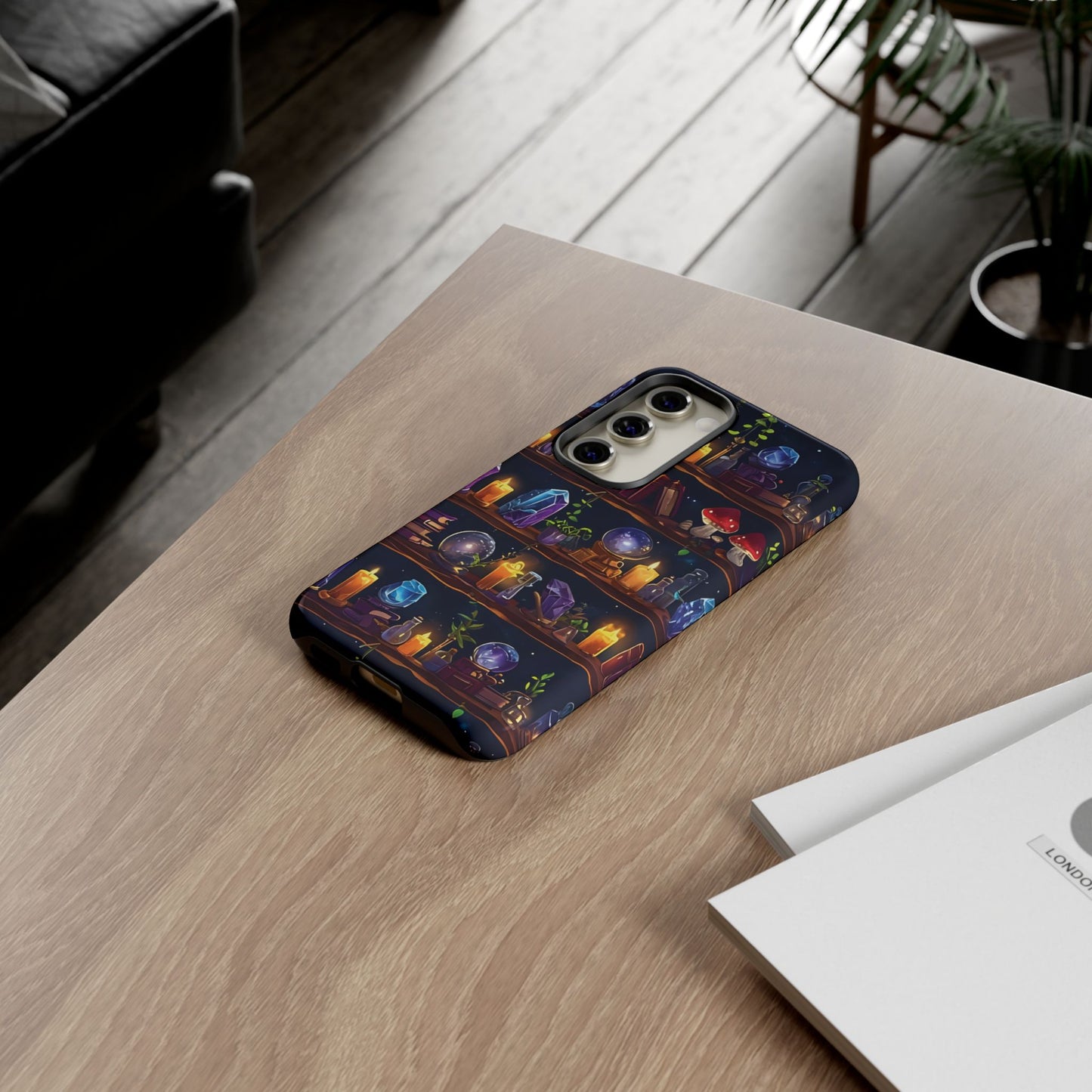Fantasy Seamless Pattern Of Wooden Shelves Filled With Mystical Items phone case design.