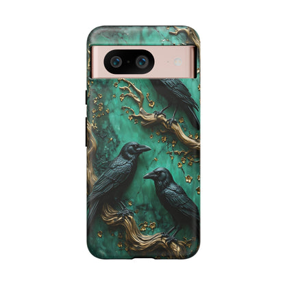 Three Black Ravens Perched On Gold-Accent Branches phone case design