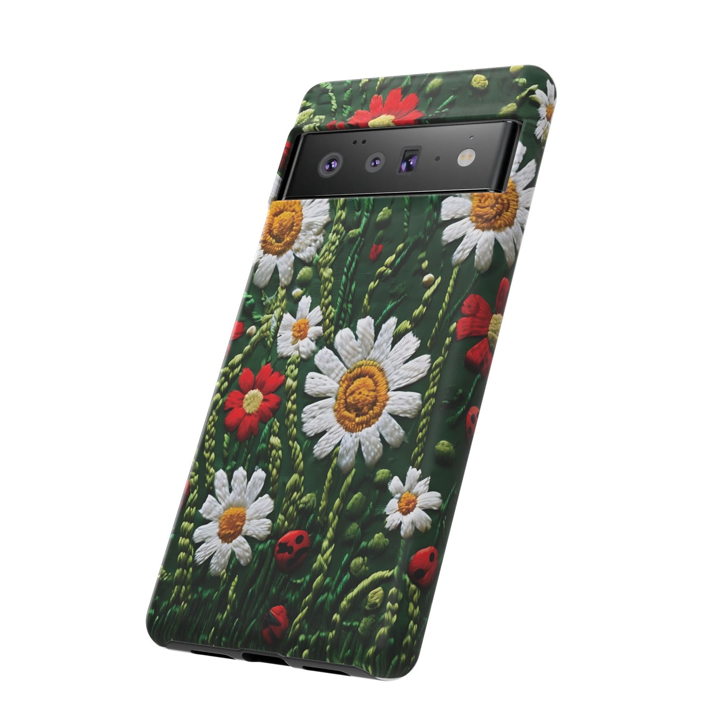 Intricate Embroidered Fabric Featuring Daisies And Ladybugs phone case design