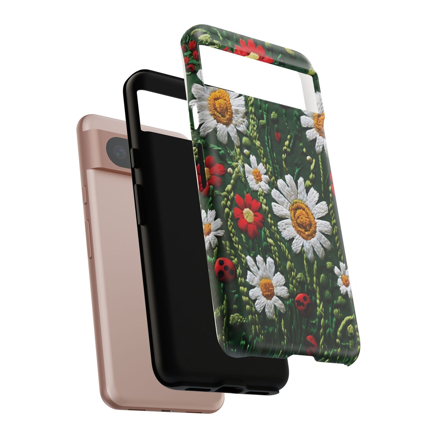 Intricate Embroidered Fabric Featuring Daisies And Ladybugs phone case design