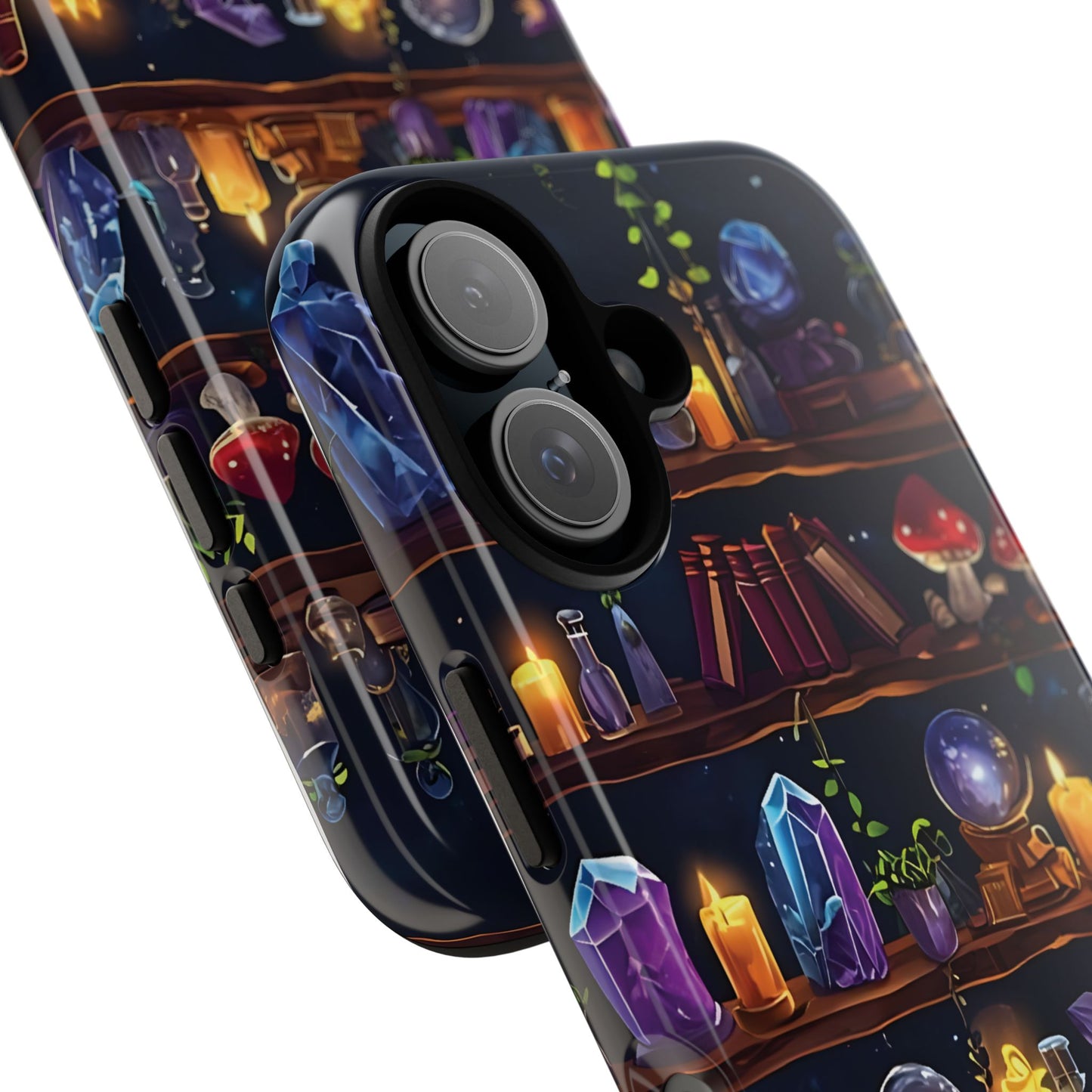 Fantasy Seamless Pattern Of Wooden Shelves Filled With Mystical Items phone case design.