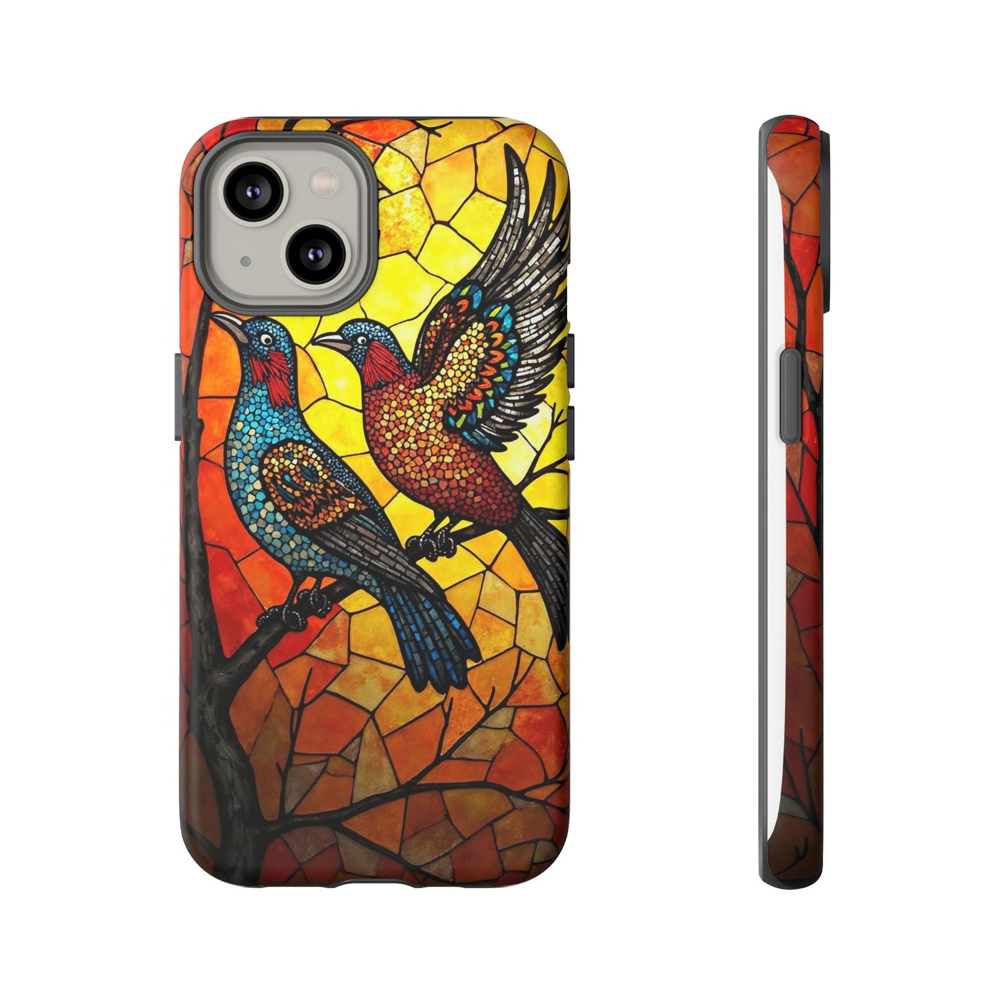 Vibrant Hummingbirds with Stained Glass Charm