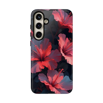 Vibrant red and pink hibiscus flowers blooming against a dark background| Floral phone case design