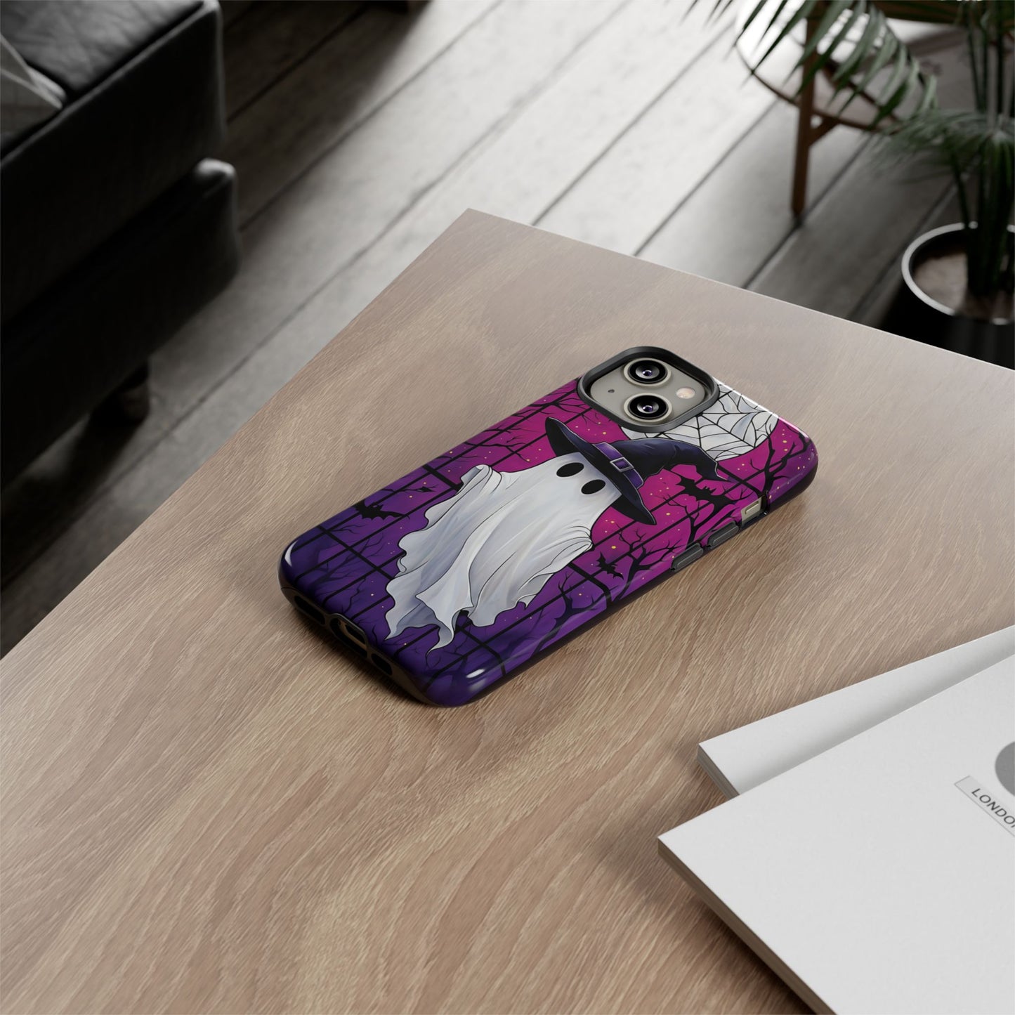 Stylized Halloween Illustration of a Ghost in Stained Glass  phone case design.