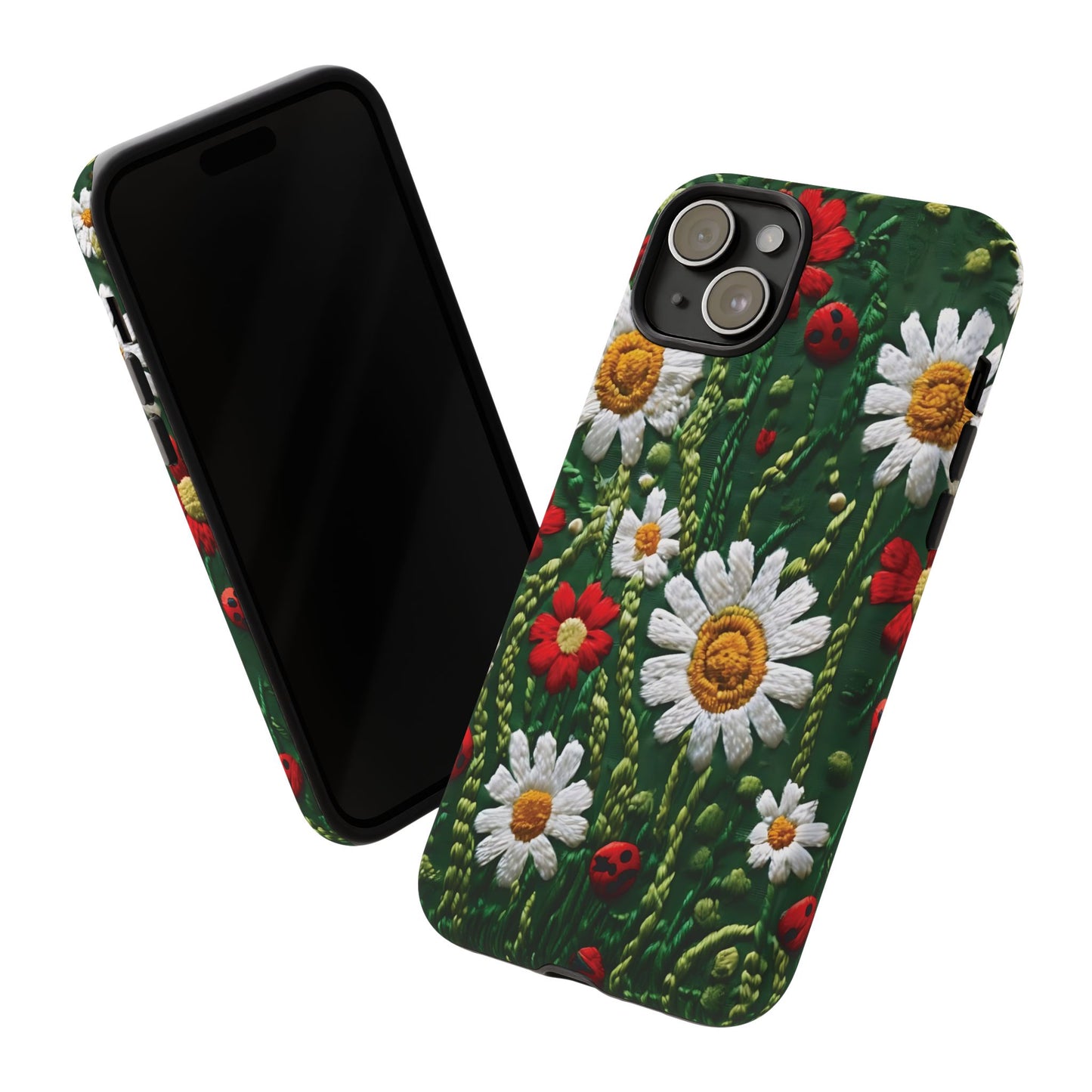 Intricate Embroidered Fabric Featuring Daisies And Ladybugs phone case design