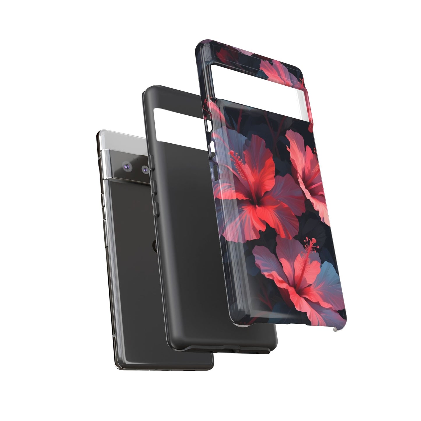 Vibrant red and pink hibiscus flowers blooming against a dark background| Floral phone case design