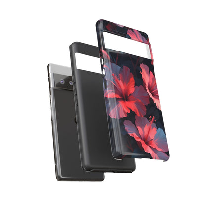 Vibrant red and pink hibiscus flowers blooming against a dark background| Floral phone case design
