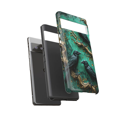 Three Black Ravens Perched On Gold-Accent Branches phone case design