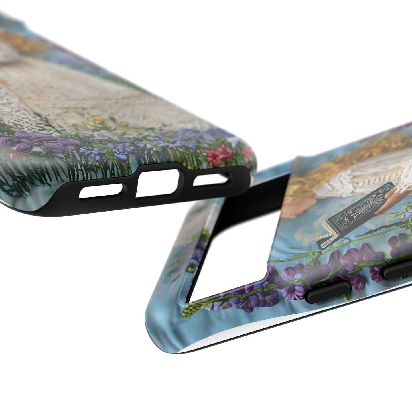Whimsical Embroidery Of A Girl Reading In A Garden phone case design.