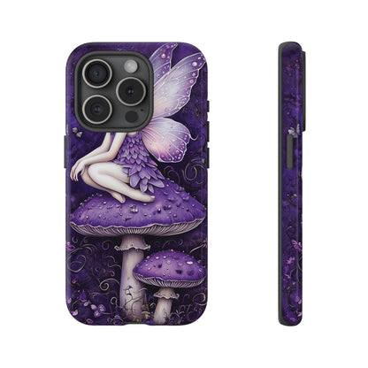 Whimsical Fairy Seated On Purple Mushroom In Enchanting Scene phone case design.