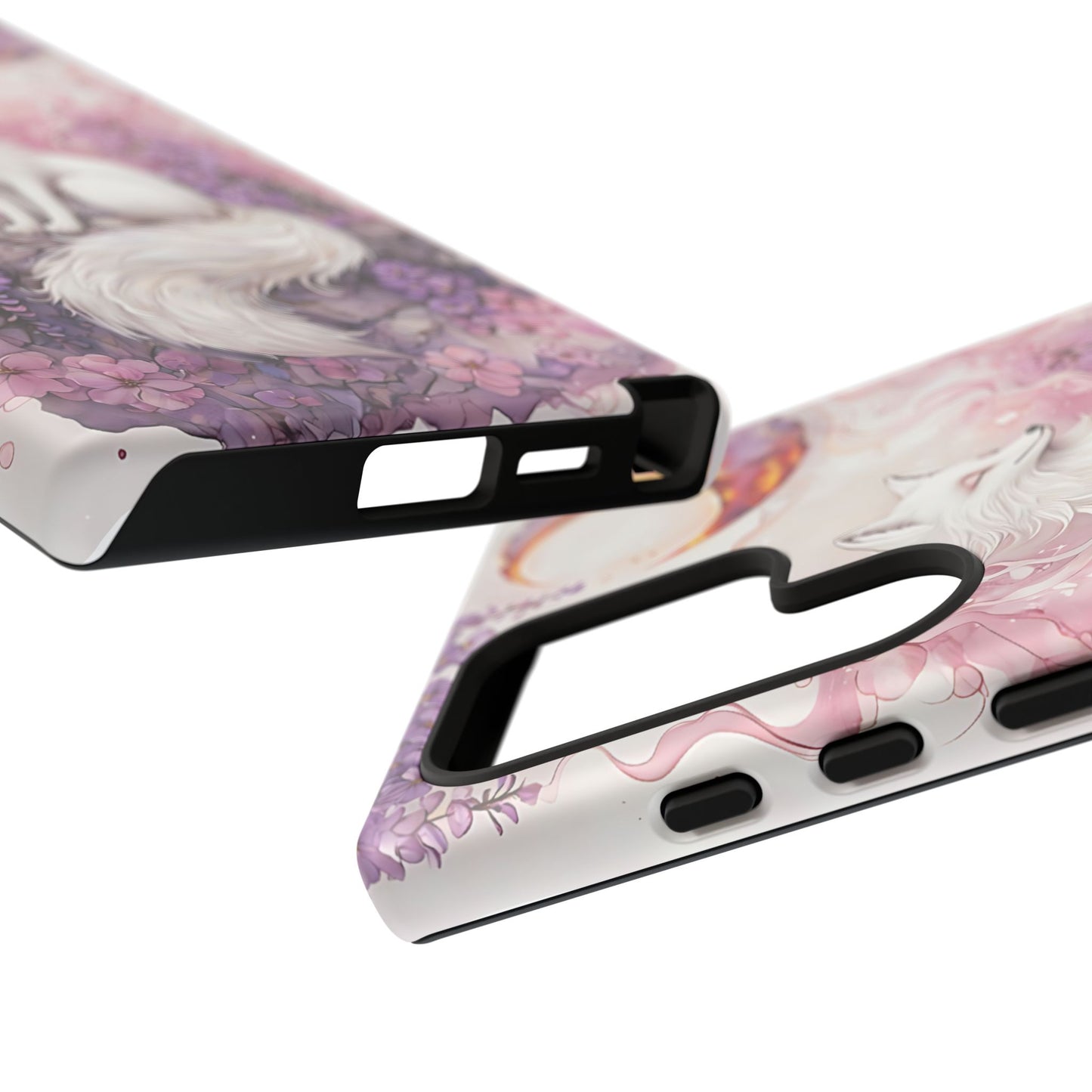 Whimsical White Fox Surrounded By Lavender And Pink Blooms phone case design.
