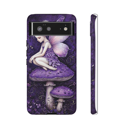Whimsical Fairy Seated On Purple Mushroom In Enchanting Scene phone case design.