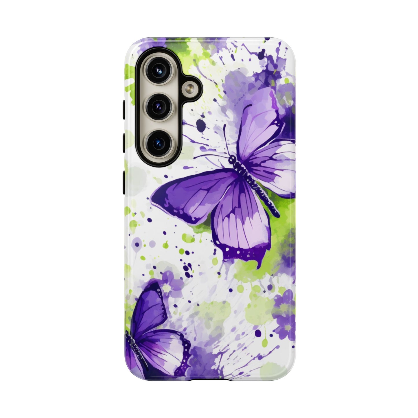 Vibrant Purple Butterfly Splash Mobile Cover – Artistic Green & Violet Aesthetic