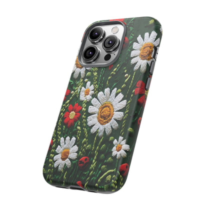 Intricate Embroidered Fabric Featuring Daisies And Ladybugs phone case design