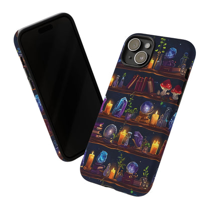 Fantasy Seamless Pattern Of Wooden Shelves Filled With Mystical Items phone case design.