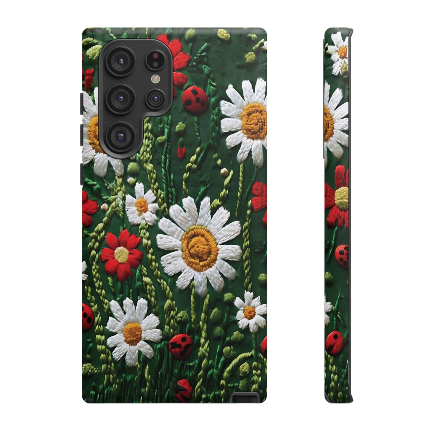 Intricate Embroidered Fabric Featuring Daisies And Ladybugs phone case design