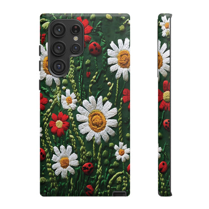 Intricate Embroidered Fabric Featuring Daisies And Ladybugs phone case design