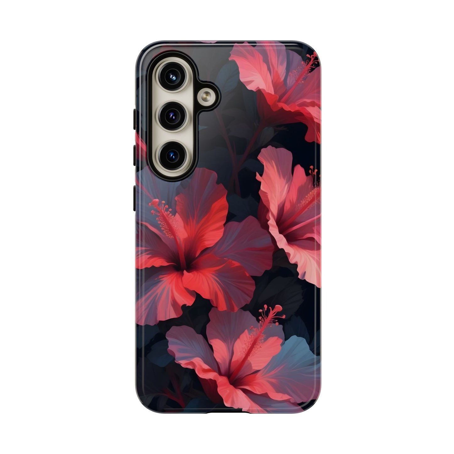 Vibrant red and pink hibiscus flowers blooming against a dark background| Floral phone case design