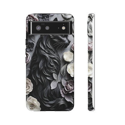 Intricate Bas-Relief Sculpture Of Black Cat Among Flowers phone case design