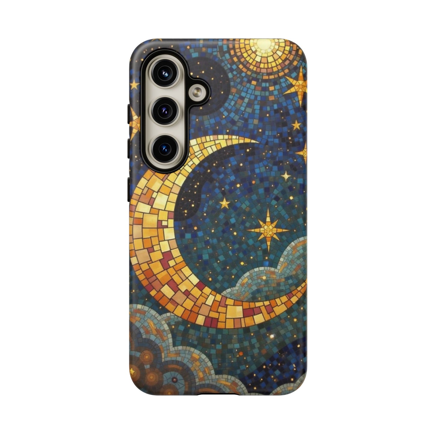 Golden Crescent: Mosaic Moon and Starry Night