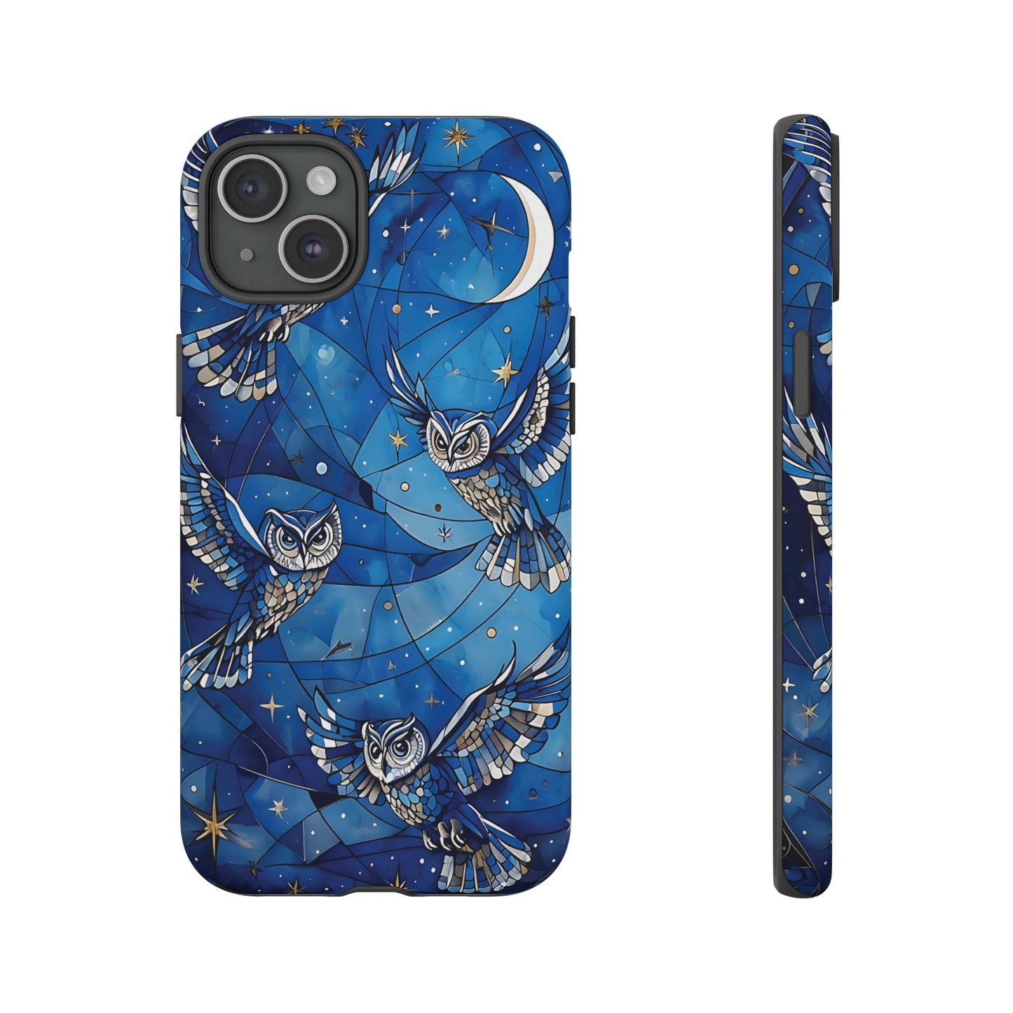 Surrealistic Owls Soaring Through A Celestial Night Sky phone case design.