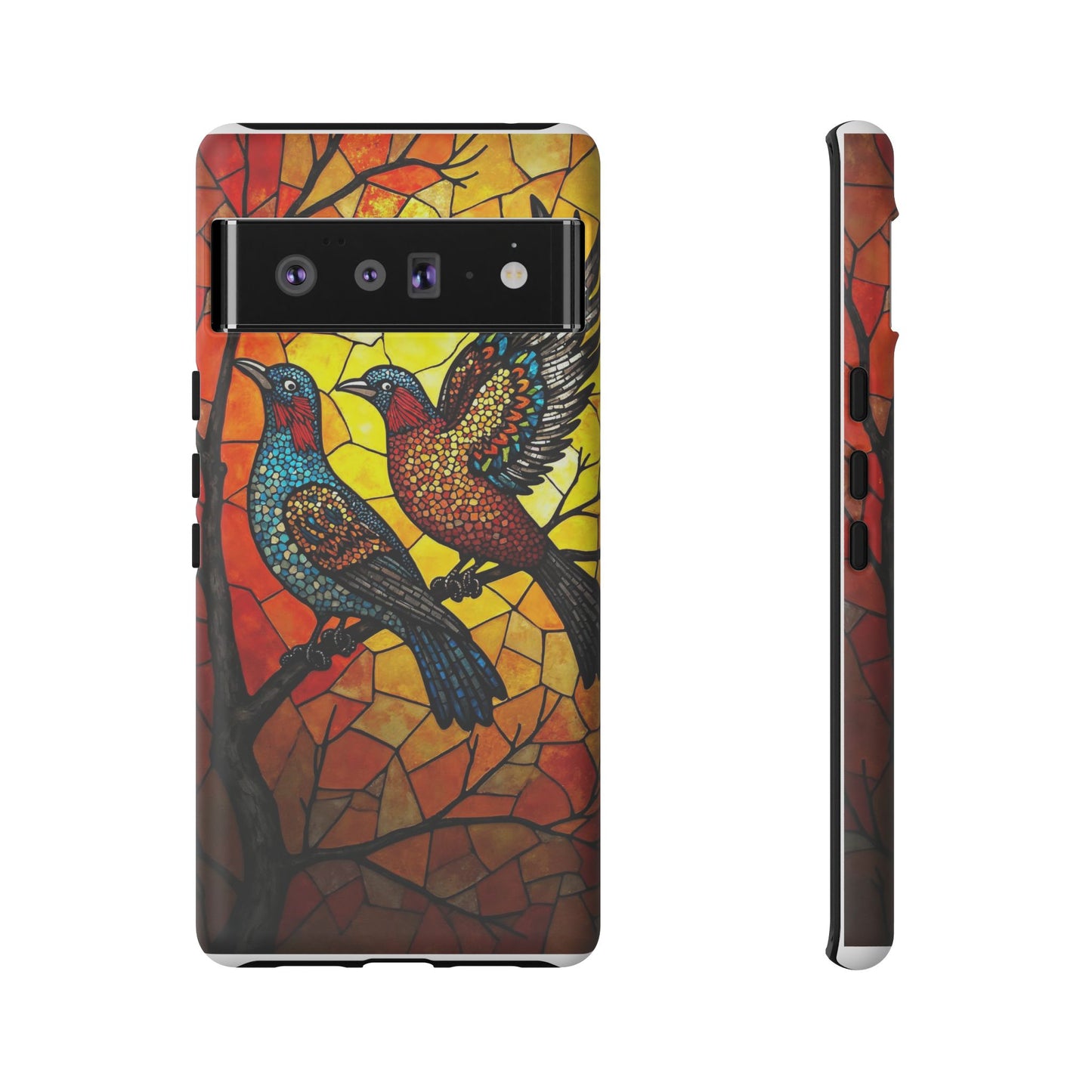 Vibrant Hummingbirds with Stained Glass Charm