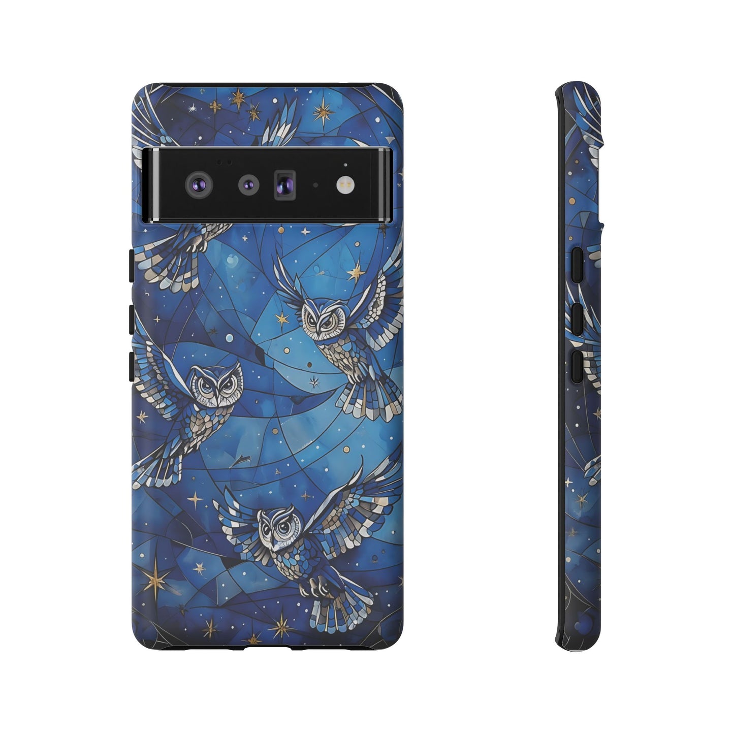 Surrealistic Owls Soaring Through A Celestial Night Sky phone case design.