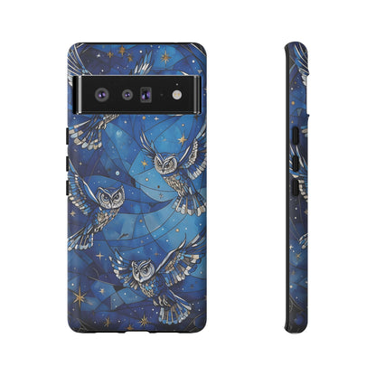 Surrealistic Owls Soaring Through A Celestial Night Sky phone case design.