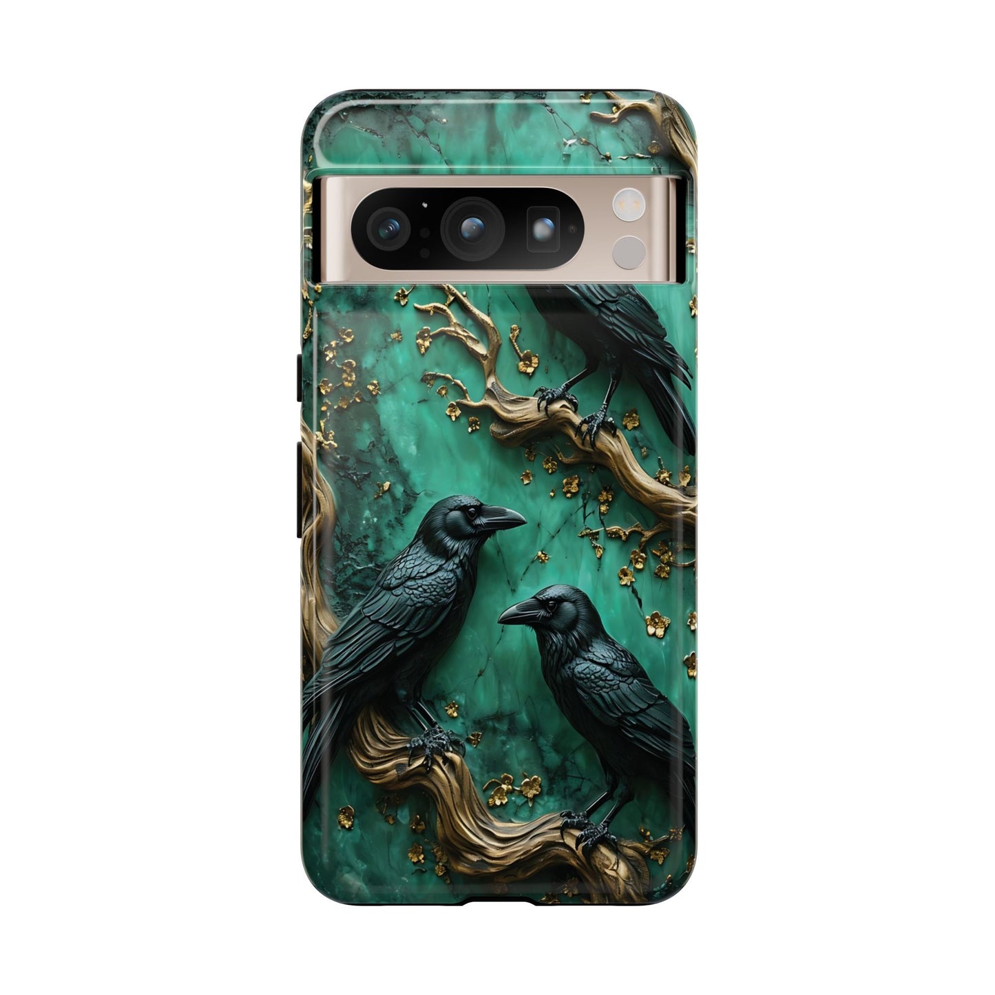 Three Black Ravens Perched On Gold-Accent Branches phone case design