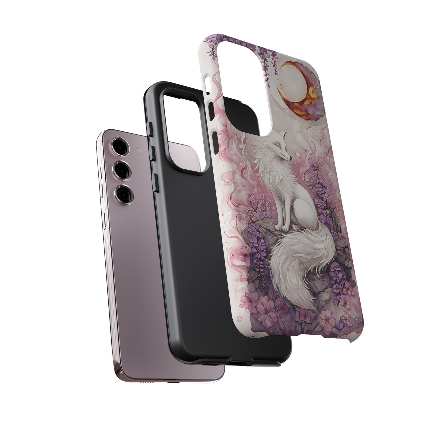 Whimsical White Fox Surrounded By Lavender And Pink Blooms phone case design.
