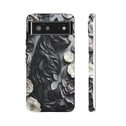 Intricate Bas-Relief Sculpture Of Black Cat Among Flowers phone case design