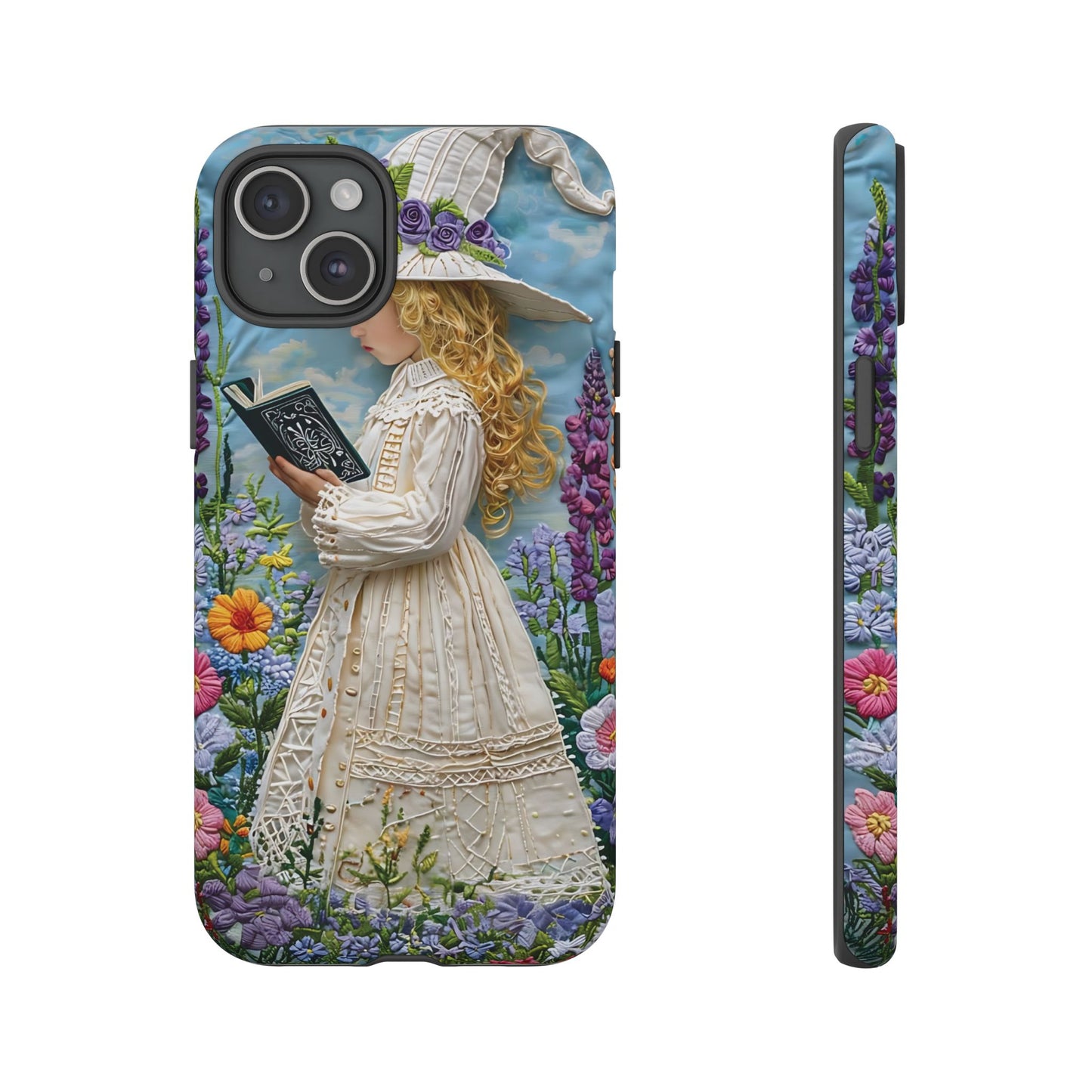 Whimsical Embroidery Of A Girl Reading In A Garden phone case design.