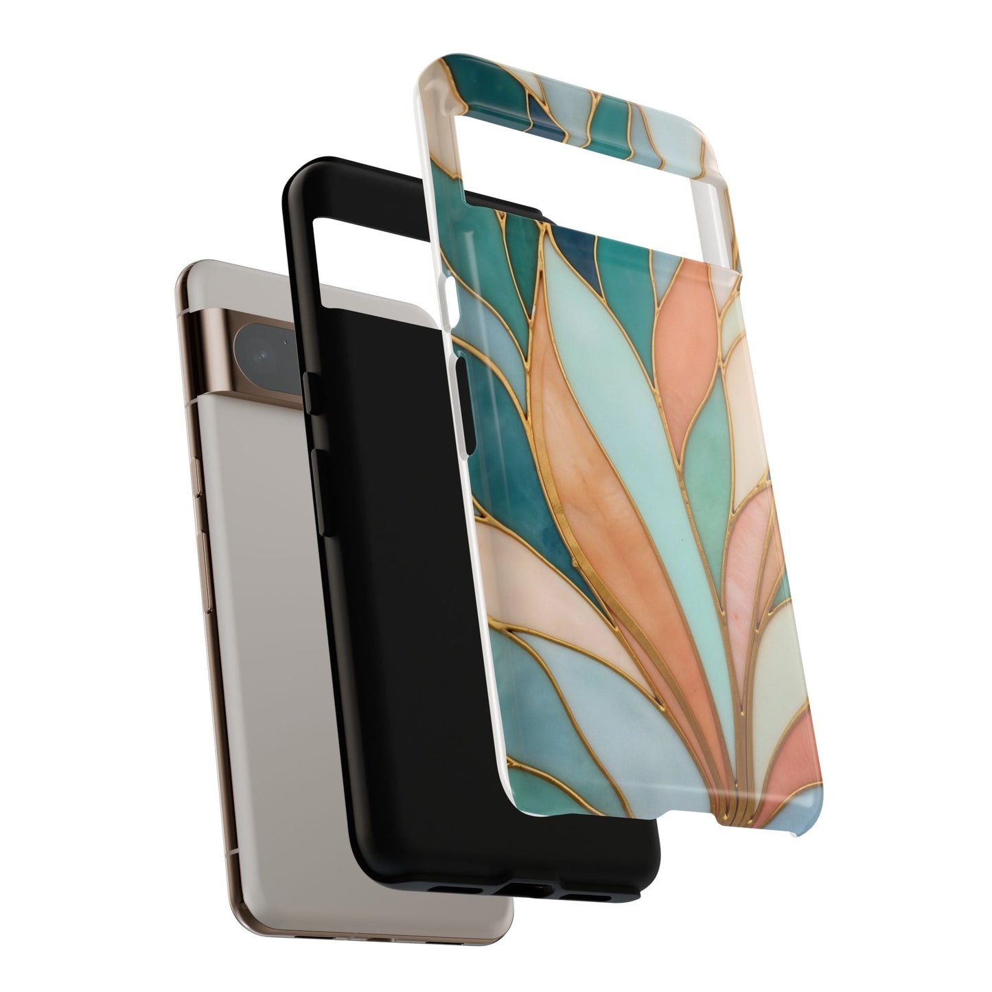 Geometric Leaves: Teal, Peach, and Gold Harmony