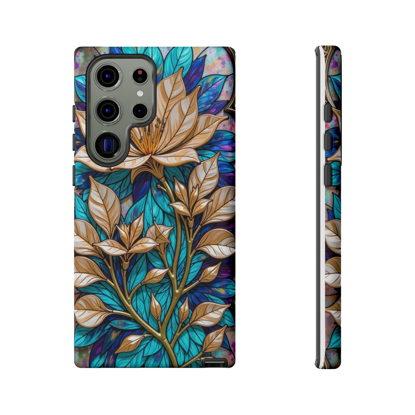 Majestic Golden Blossoms on Mosaic Blue Splendor