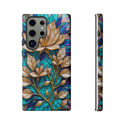 Majestic Golden Blossoms on Mosaic Blue Splendor