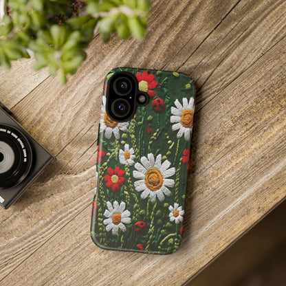 Intricate Embroidered Fabric Featuring Daisies And Ladybugs phone case design