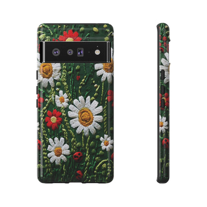 Intricate Embroidered Fabric Featuring Daisies And Ladybugs phone case design
