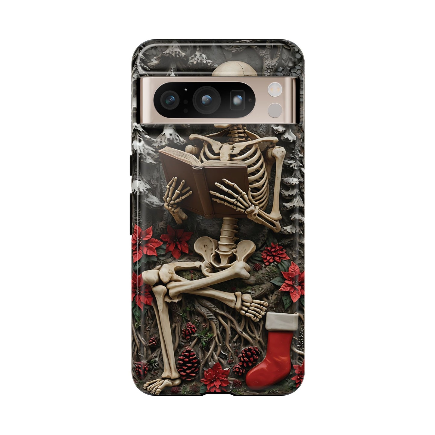 Surreal Relief Sculpture of Skeleton Reading Amidst Festive Decor phone case design