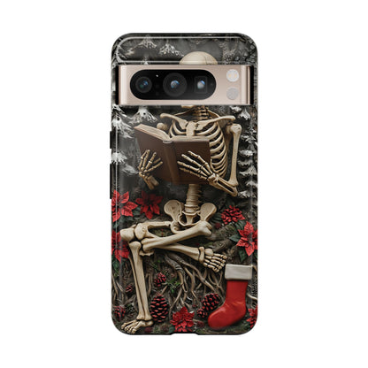 Surreal Relief Sculpture of Skeleton Reading Amidst Festive Decor phone case design