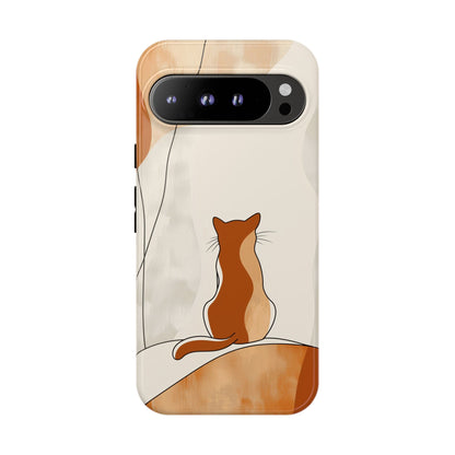 Contemplative Cat: Minimalist Sunset Phone Case for iPhone, Samsung & Pixel