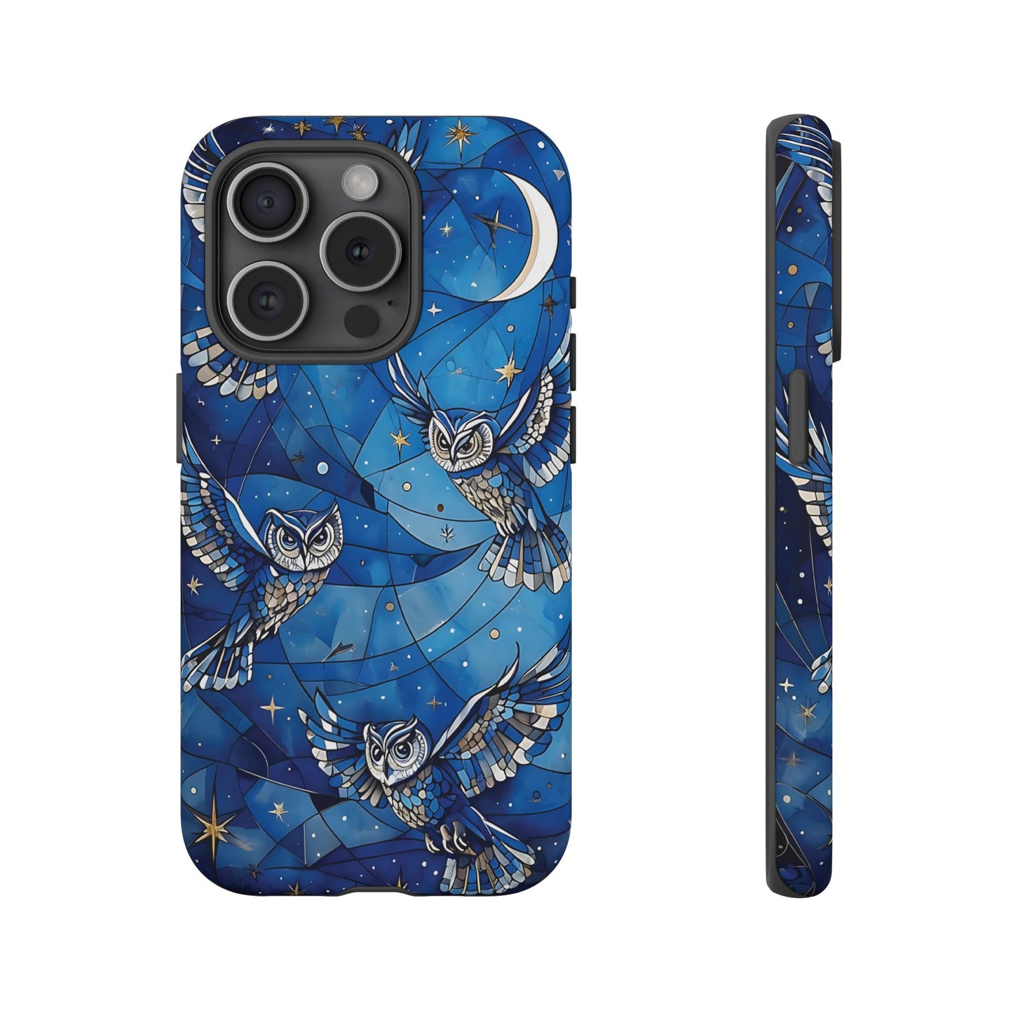 Surrealistic Owls Soaring Through A Celestial Night Sky phone case design.
