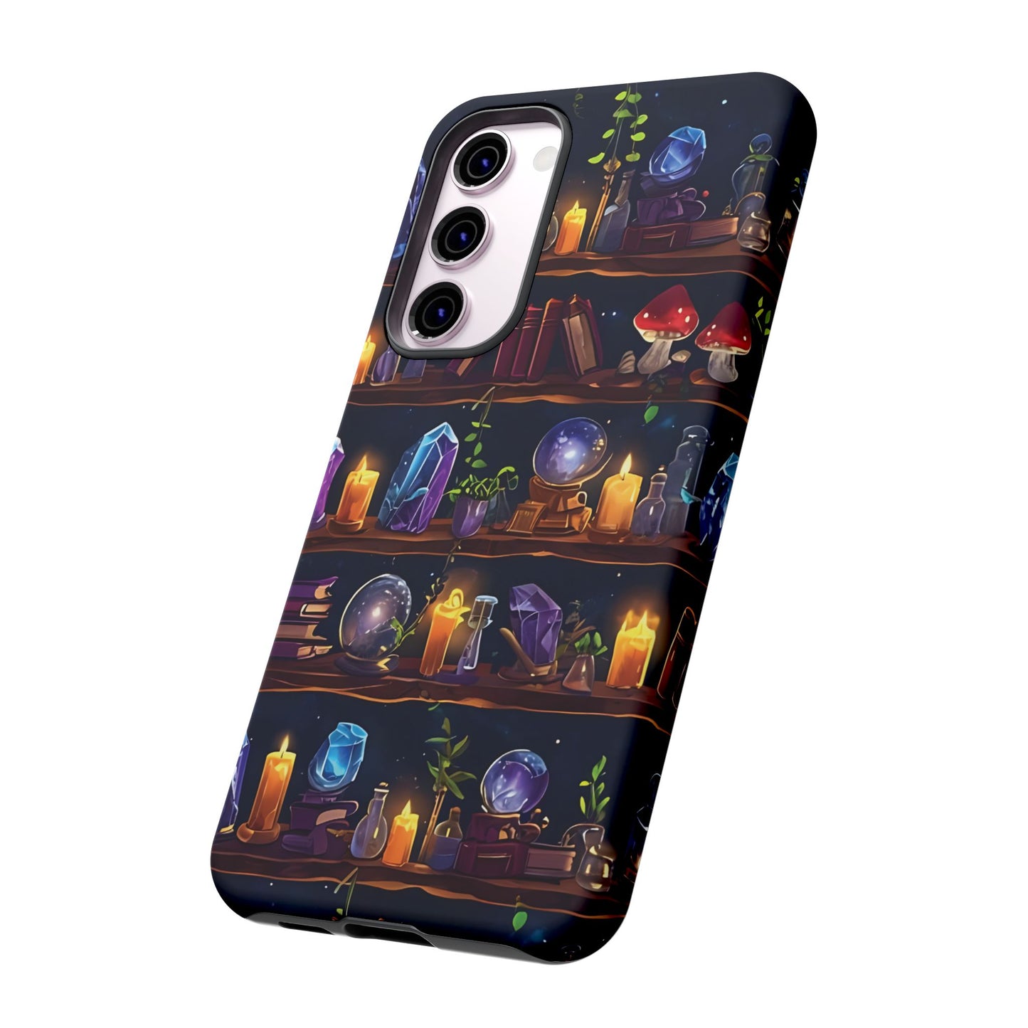 Fantasy Seamless Pattern Of Wooden Shelves Filled With Mystical Items phone case design.