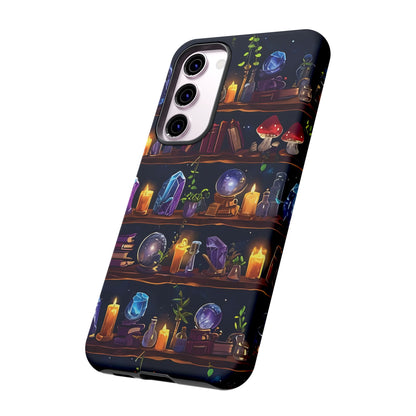 Fantasy Seamless Pattern Of Wooden Shelves Filled With Mystical Items phone case design.