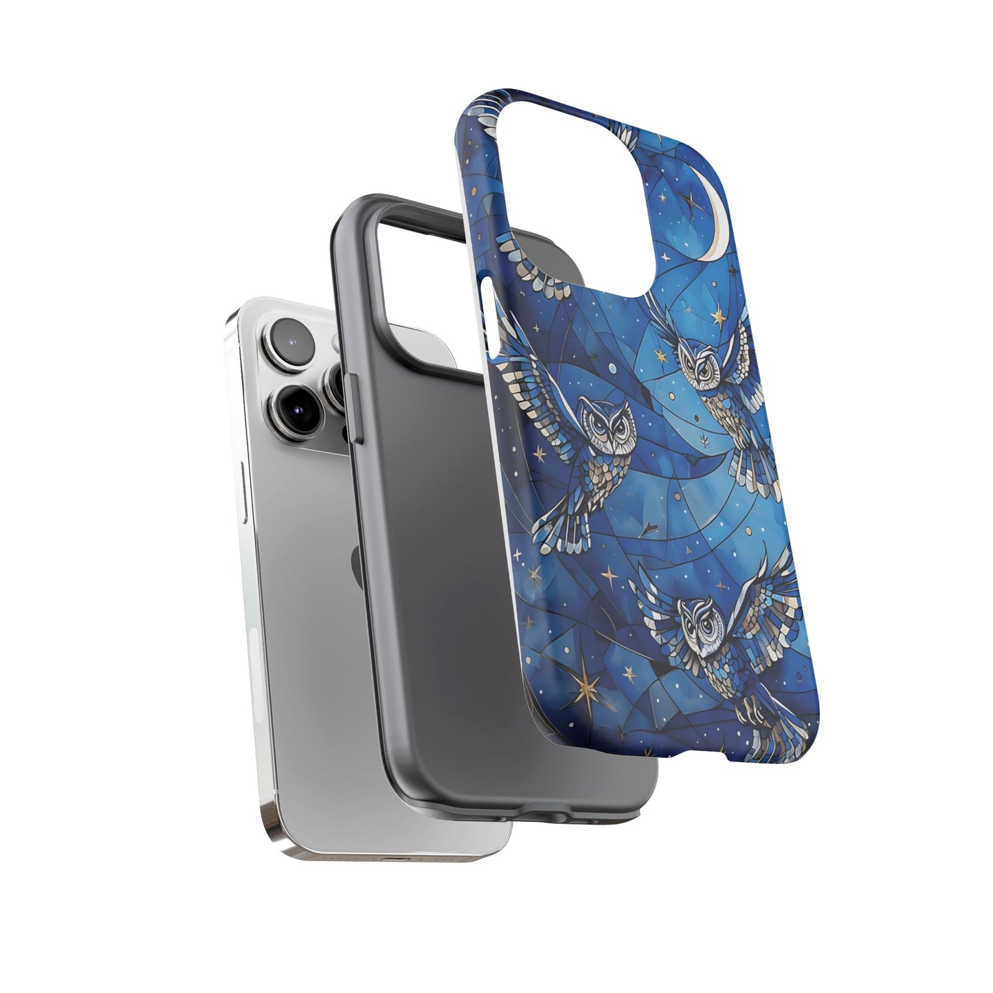 Surrealistic Owls Soaring Through A Celestial Night Sky phone case design.